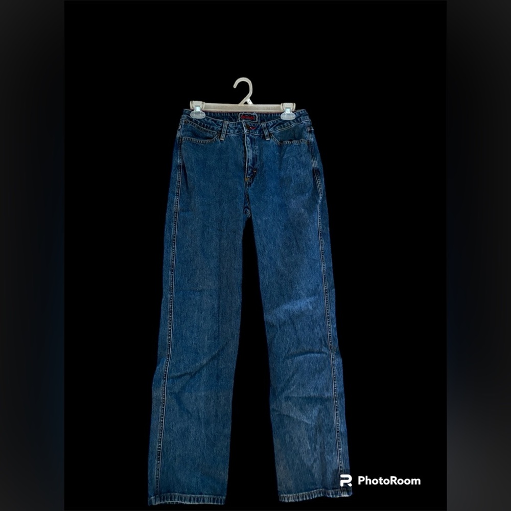 Blue wrangler jeans with red detailing